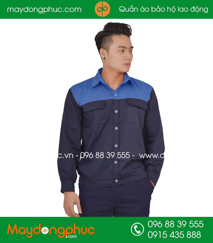 Quần áo công nhân may sẵn màu Tím than phối Xanh